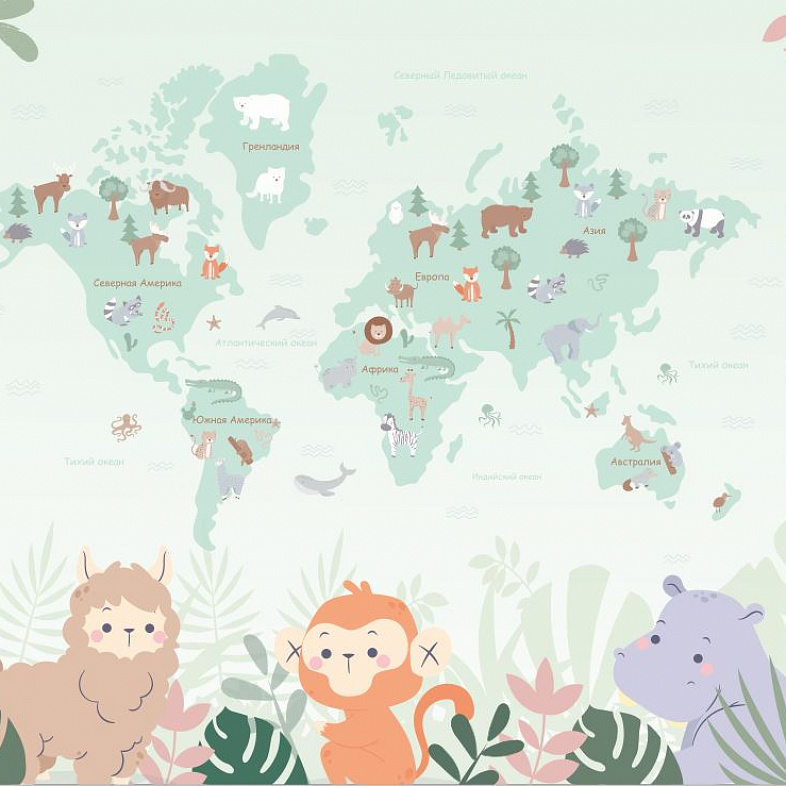 Карта мира с зверюшками мнеобои