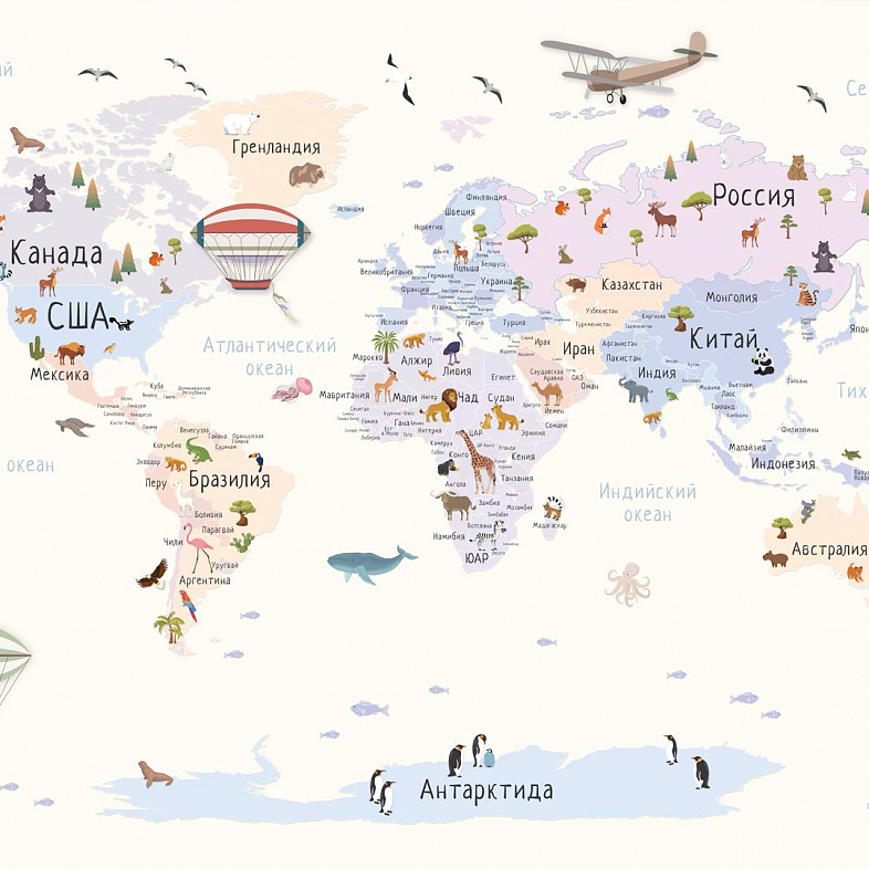 Детская карта мира с животными мнеобои