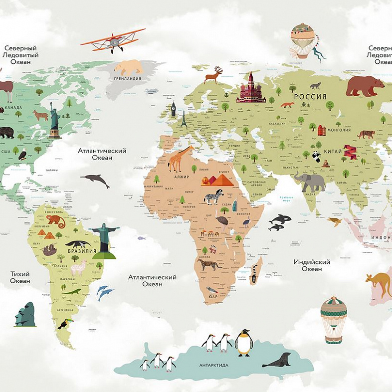 Карта мира с животными мнеобои