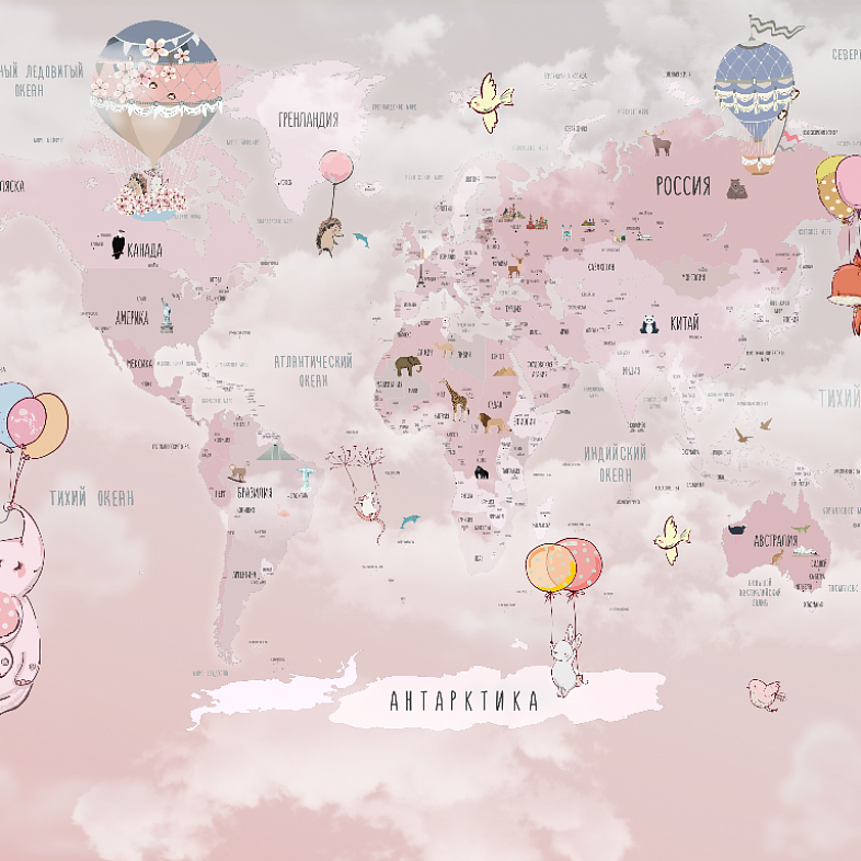 Карта мира с летающими зверюшками 10066-P мнеобои