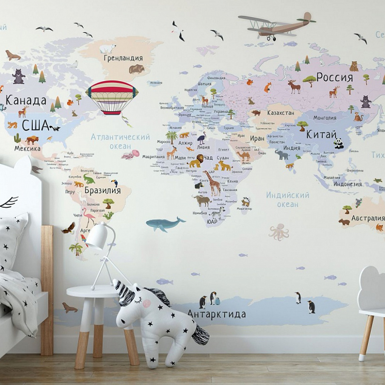 Детская карта мира с животными мнеобои